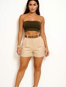 Women's Tailored Shorts, High Waist, Simple, Pocket, Belt, Zipper - Màu be - Xem 2
