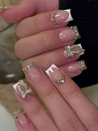 24pcs Omedium-Length Square Nails, White French Pointed Nails, Rhinelstone Bow Ribbon Decoration, Elegant Women's Full Coverage, Summer Nail Art Charm, Daily Wear