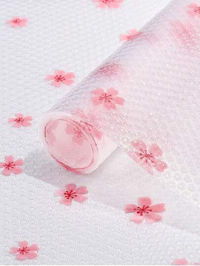 1Roll Cherry Blossom Pattern Thickened Shelf Liner For Kitchen Cabinets Non-Adhesive Drawer Liner Non-Slip Cupboard Liner Washable EVA Refrigerator Liner Easy To Cut Fridge Mat.
