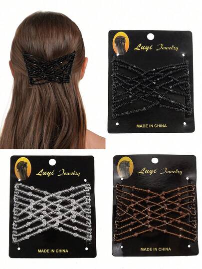 Women's Fashion Beaded Hair Comb, Elastic Magic Hair Styling Comb, Bun Maker, Dual-Row Crystal Beads Hair Clip, Quick Updo Hair Accessory, Combs, Hair Comb, Side Comb, Hair Accessories, Head Accessories, Hair Accessories For Women