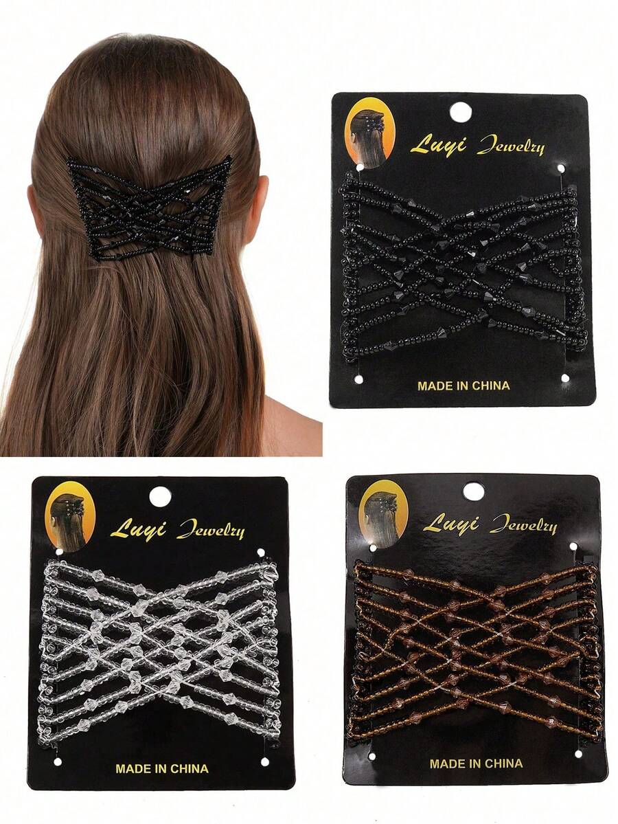 1pc Mesh Rice Bead Hair Comb Women's Bun Maker Fashion Faux Crystal Beaded Hair Comb Bun Styling Hair Clip Hair Accessory Double Row Elastic Magic Hair Comb Daily Quick Bun Hair Comb