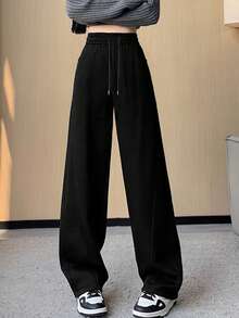 女士休闲宽松阔腿裤，百搭黑色宽松运动裤，适合学校季节
