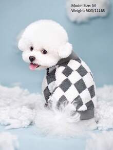 1pc Dark Gray And White Jacquard Diamond Grid Comfortable Cotton Fleece Pet Sweatshirt Dog Hoodie