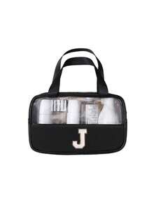 1个透明PU/PVC字母形防水旅行洗漱包，拉链化妆品收纳袋，带便捷提手的便携式化妆包 - 黑色 - 查看 33