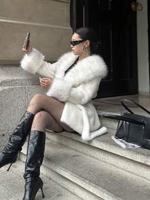 Women's Elegant Faux Fur Coat, Waterfall Collar, Long Fluffy Warm Jacket, Luxury & Noble, Winter - White - View 8