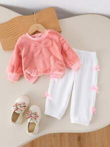 2件套女婴粉色可爱保暖长袖卫衣+白色裤子套装，秋冬季 - 粉色 - 查看 1