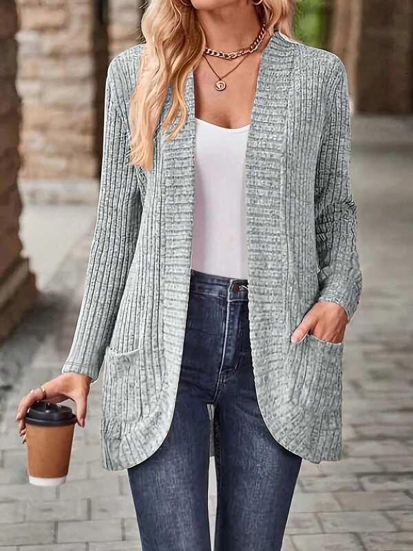 Kardigan dzianinowy z długim rękawem w jednolitym kolorze, plus size dla kobiet