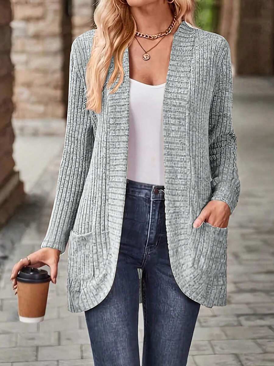Plus Size Women Solid Color Long Sleeve Knitted Cardigan - Grey - View 1