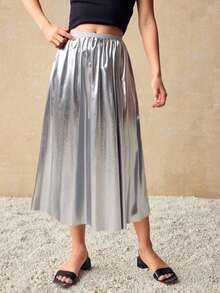 Falda juvenil estilo midi plisada en corte A, cómoda y ligera con cintura elástica - Plateado - Ver 8