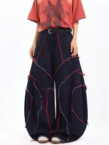 1pc Japanese Style Patchwork Embroidered Frayed Hem Wide Leg Jeans, Men's Personalized Streetwear Distressed Relaxed Fit Long Pants (Belt And Accessories Not Included) - Blue - View 5