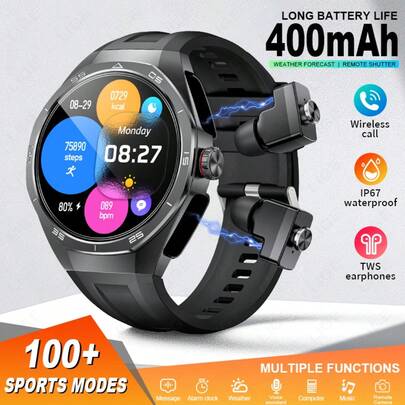  LIGE智能手表耳机双合一100+运动模式、生活防水、天气预报、音乐播放、闹钟提醒、短信提醒时尚多功能男女户外运动智能手表