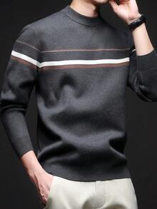 Men's Autumn/Winter Round Neck Striped Sweater, Stand Collar Business Casual Knit Pullover, Comfortable For Party, Home Wear, Long Sleeve Top - Grey - View 5