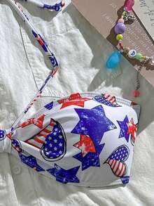 Bộ bikini hai mảnh kiểu dáng thời trang dành cho nữ, với họa tiết ngôi sao và sọc cờ Mỹ, chất liệu co giãn cao, có dây rút, mang đến vẻ ngoài giản dị nhưng thanh lịch. - Nhiều màu - Xem 5