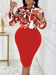 BIUBIU Collar Tied Shirt, Bodycon Skirt Two Pieces Set (Random Print) - Red - View 4