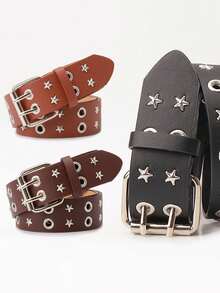Cinturón de cintura con doble hebilla de remache con estrella vintage para niños y adolescentes, accesorio de ropa con hebilla de aguja fina de PU, cinturón de decoración de jeans de estilo callejero de alta gama para niña