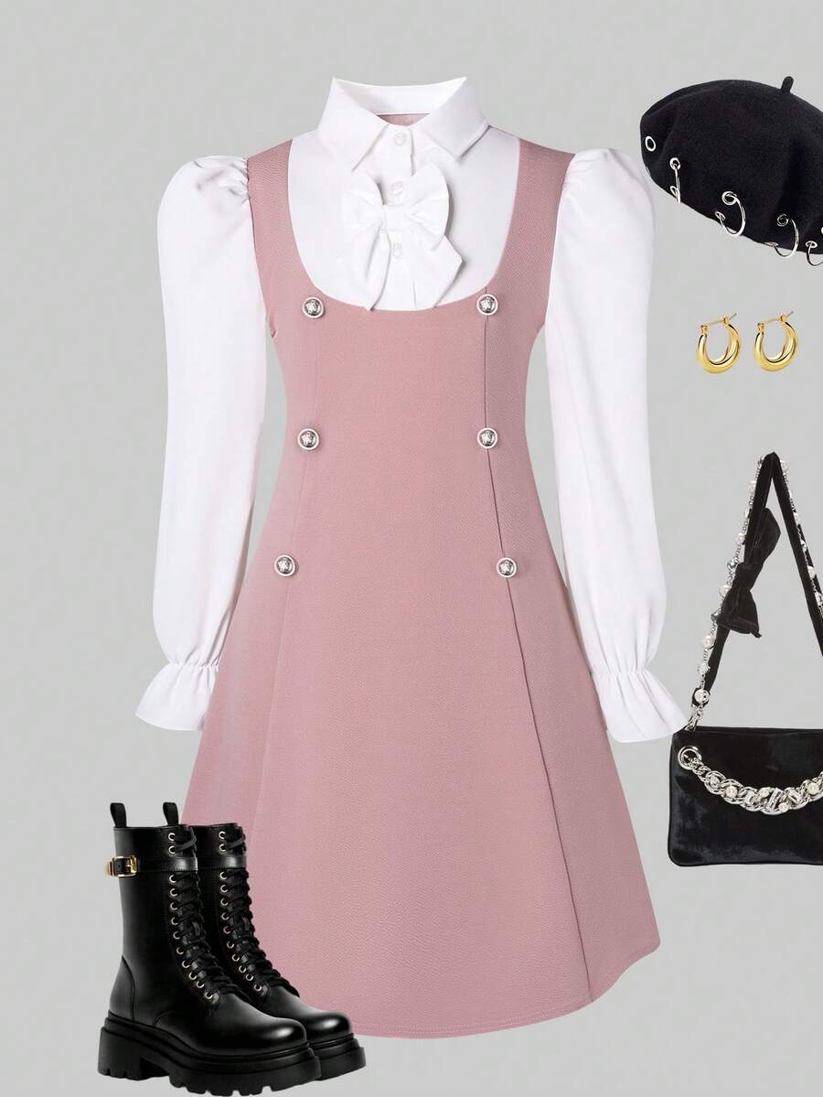 Girls' Sweet Bowknot Puff Sleeve Waist Splice Dress, Spring/Autumn