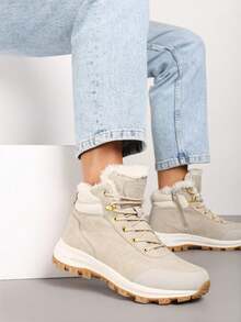 Botas de inverno femininas confortáveis com forro de pele sintética e cadarço, casuais, esportivas/ativas - Bege - Ver 2