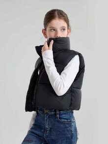 Girls Winter Padded Vest, Lightweight Water-Resistant Sleeveless Jacket For Tween Girls - Black - View 3