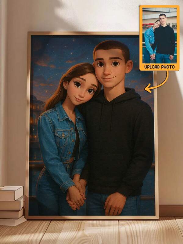 Personalisierter Cartoon-Paar-Leinwanddruck, personalisierte Foto-zu-Leinwand-Kunst, einzigartiges Jahrestags-Geschenk für Paar, Hochzeitsgeschenk, handgefertigte Porträtkunst - Laden Sie Fotos hoch und lassen Sie sie von professionellen Designern bearbeiten