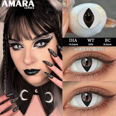 AMARA 1 Par de Lentes de Contato Coloridas Crazy Halloween Lentes de Contato Olho de Gato Cosméticas Lentes de Contato Coloridas Suaves Cosplay Olhos de Festa BRANCO Preto Lentes Coloridas Descartáveis Anuais