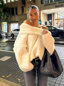 女士时尚纯色罗纹针织毛衣，宽松版型，纯白色，适合秋冬春季穿着 - 杏色 - 查看 6