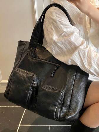 Black PU Leather Soft Pebbled Texture Large Capacity Tote Bag, Multi-Pocket, Suitable For Various Occasions, Can Be Worn As Shoulder Or Crossbody, Adjustable Strap, Fits 16-Inch Laptop, Files, Great For Shopping, Travel, Holidays, Casual, Soft Handfeel