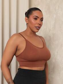 Plus Size Fitness Cropped Gym Top With Removable Pads And Adjustable Thin Straps - 巧克力棕 - 查看 5