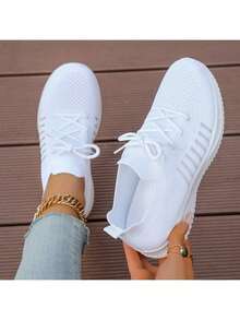 春秋新款女士软底户外运动鞋，防滑针织网眼跑步鞋，舒适轻便平底休闲运动鞋 - 白色 - 查看 8