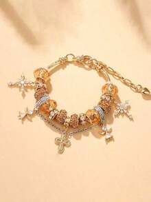 1pc Pan Family Style Golden Flower Beaded Adjustable Bracelet, Unique Design Jewelry For DIY - Multicolor - View 10