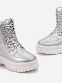 Winter Fashion Versatile Thick Sole Snow Boots With Laces - Silver - View 5