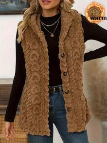 Women's Solid Color Hooded Knit Vest, Sleeveless Button Front Cardigan, Regular Length, With Fuzzy Details - Brown - View 3