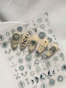Pegatinas de uñas de alta gama con tecnología láser de relieve, en estilo gótico punk, con varios tótems de estrellas y lunas, estrellas de cuatro puntas, patrones de ojos y otros patrones de textura, adecuadas para uso personal DIY y para maestros de manicura. Suministros para uñas, pegatinas para uñas - Negro - Ver 3