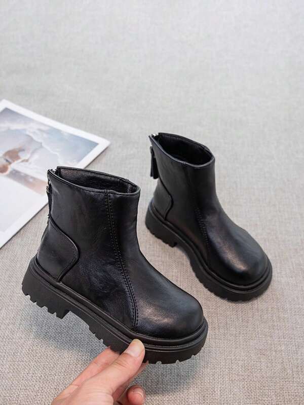 1 Par de Botas Curtas de Moda Forradas Termicamente para Meninas, Cor Sólida, Zíper Lateral, Confortável e Quente, Adequado para Uso Externo no Outono/Inverno