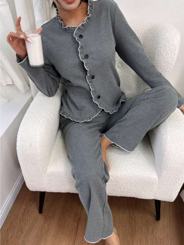 2pcs Women's Solid Color Homewear Lounge Set, Decorated With Ruffle Lettuce Trim, Long Sleeve Top And Long Pants, Soft And Comfortable, Winter Clothes