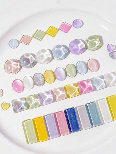 40 بطاقة عرض لون زجاجية شفافة، مخطط ألوان أظافر بتصميم موجي بشكل بيضاوي وقلب