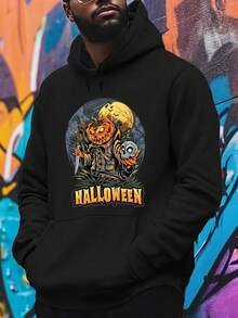 Halloween Themed Hoodie For Men - Casual Polyester Hooded Sweatshirt With Long Sleeves, Knit Fabric, Regular Fit, And Hood - Y Printed Top For Autumn-Winter Season,Fall Hoodies,Men's Fall Clothes,Street Wear,Halloween,Mens Hoodies,Y2k Clothes,Jesus Hoodie,Thanksgiving Day,Nightmare Before Christmas,Christmas - 黑色 - 查看 1