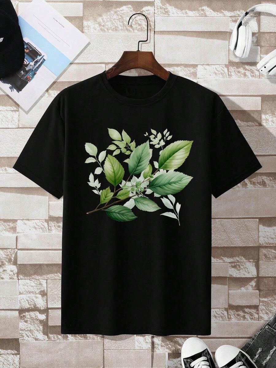 Green Botanical Illustration Leafy Branch Natural Wall Art Decor, Soft Touch T- Shirt, Camisa De Hombre, Comfortable And Breathable For Skating Or Outdoor Activities, Casual T-Shirt Graphic Tees, 100 Percent Cotton Shirts, White Street Graphic Tees, Men's T-Shirt, Funny Graphic Vintage T Shirts, S-XXXL - Black - 4 - View 1