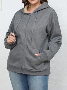 Jaqueta feminina plus size quente de lã com capuz e bolsos, estilo casual, para o inverno. - Cinza escuro - Ver 4