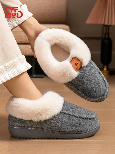 CYFMYD أحذية منزلية نسائية من CYFMYD بكعب منحدر، مبطنة بذاكرة الرغوة الفرائية، مانعة للانزلاق، دافئة للشتاء، أحذية منزلية مريحة بطراز بريطاني أنيق للنساء، أحذية داخلية للنوم باللون الرمادي