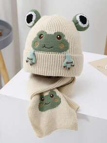 2pcs Kids Knitted Hat & Scarf Set, Warm Thermal Lined, Cute Frog Embroidery Pattern, Suitable For Autumn/Winter Daily Wear - Multicolor - View 3