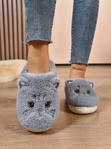 女士秋冬防滑毛绒拖鞋，可爱卡通猫咪设计，保暖厚底室内拖鞋，浅灰色，趣味拖鞋 - 淺灰色 - 查看 5