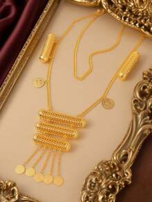 1pc Gold-Plated Turkish Kurdish Bridal Shoulder Chain, Arabic Coin Totem Long Necklace, Wedding Festival Women Jewelry - Gold - View 4