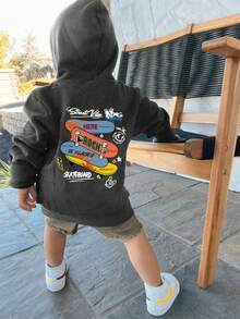 1pc Boys' Casual Printed Hooded Pullover Sweatshirt, Autumn/Winter - An Eye-Catching Long Sleeve Hooded Sweatshirt That Brings Joy And Happiness To Every Child! - Dark Grey - View 2