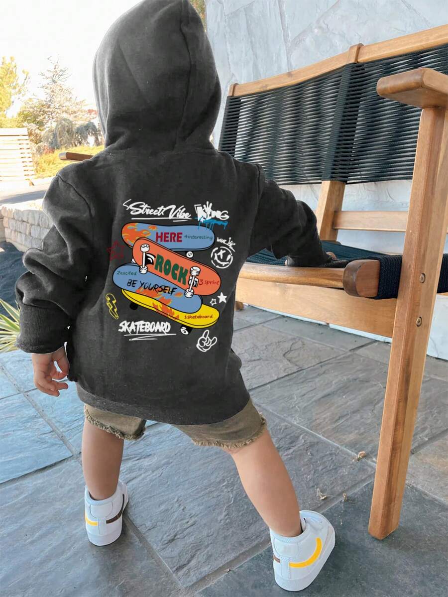 1 件男童休闲印花连帽套头运动衫，秋冬款 - 引人注目的长袖连帽运动衫，为每个孩子带来欢乐和幸福！ - 深灰色 - 查看 1