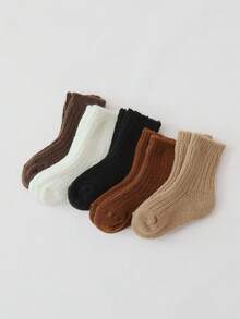 5 Pairs Baby & Kids Solid Color Thermal Lined Socks, Thick Warm Mid-Calf Socks, Multi-Color, Suitable For Autumn/Winter - Multicolor - View 7