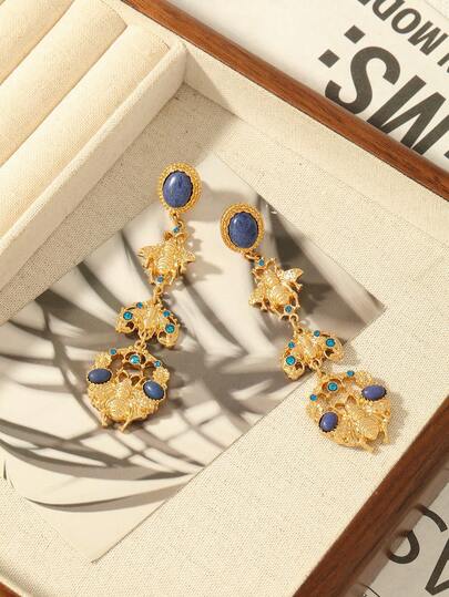 1 Pair Fashionable Vintage Unique Elegant Boho Style Insect Bee Design Long Dangle Earrings, Suitable For Women To Wear Daily, Festivals, Vacation, Formal Dresses, Parties, Jewelry Accessories, Gift