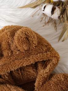 2pcs Baby Boys Cute Fleece Solid Bear Pattern Long Sleeve Hooded Jumpsuit Set, Winter