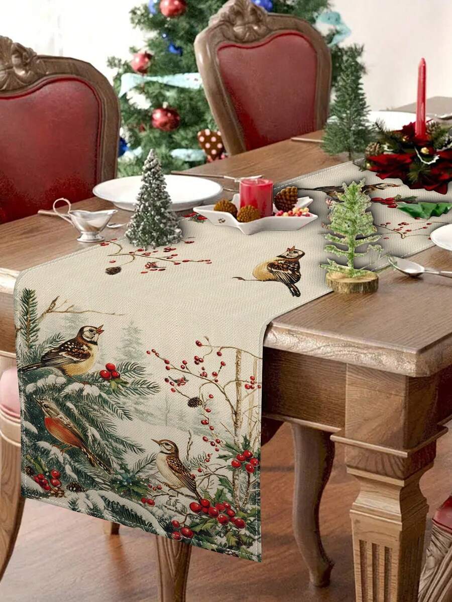 1 pieza Camino de mesa con diseño de pájaro navideño, Camino de mesa decorativo navideño, Camino de mesa tipo lino navideño, Camino de mesa, Camino de mesa, 1 pieza Camino de mesa, 4 piezas Individuales, 1 pieza Funda de cojín (Relleno no incluido), 3 productos disponibles, Decoración de hogar de temporada para interiores y exteriores, Suministros para fiestas de Navidad, Decoración navideña para el hogar, Decoración navideña para la habitación, Decoraciones para fiestas de Navidad - Multicolor - Ver 1