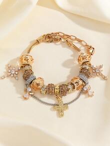 1pc Pan Family Style Golden Flower Beaded Adjustable Bracelet, Unique Design Jewelry For DIY - Multicolor - View 2