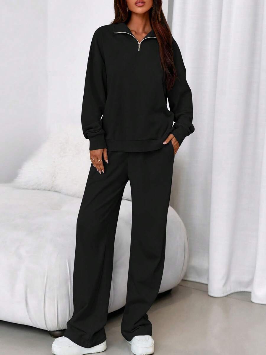 Women's Fall/Winter Casual Set Quarter-Zip Hoodie & Straight-Leg Pants Sportswear Set - 黑色 - 查看 1